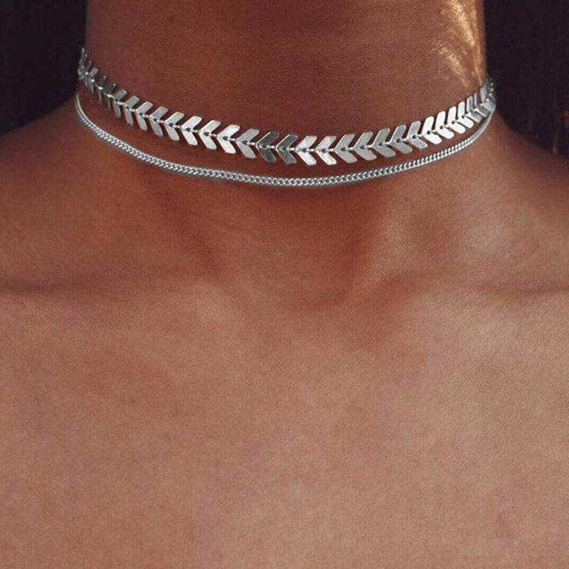 [Australia] - TseenYi Boho Fishbone Choker Necklace Silver Layering Necklace Chain Chevron Charm Necklace Jewelry for Women and Girls (Silver) 