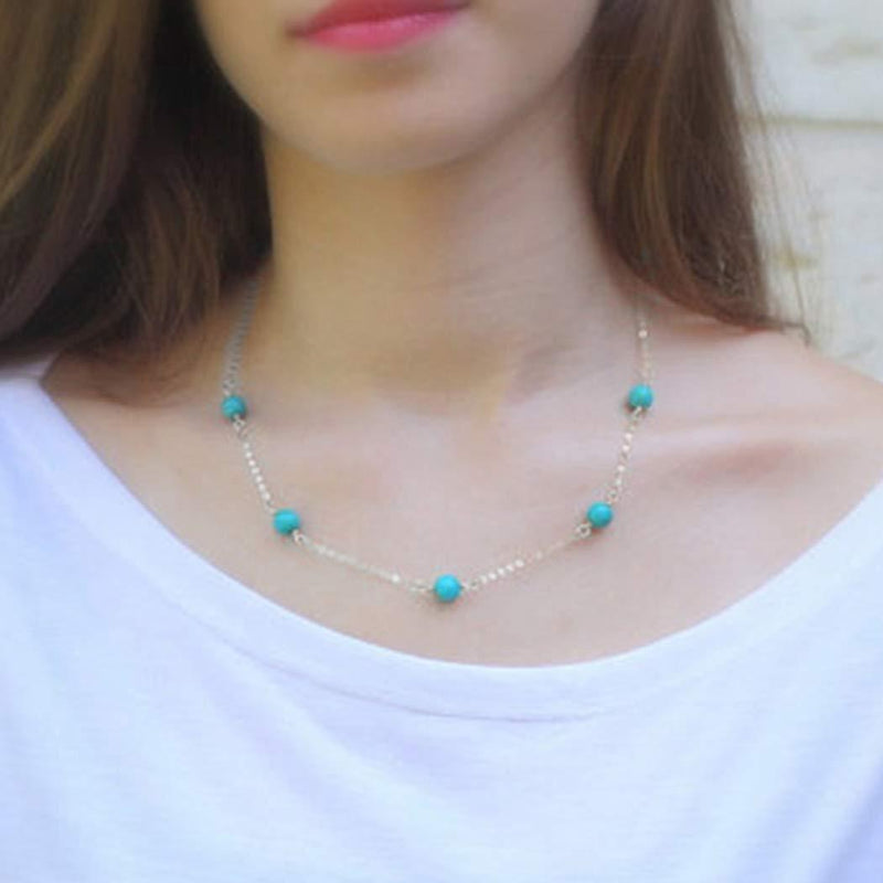 [Australia] - Yienate Boho Necklace Trendy Round Turquoise Necklace Fashion Jewelry for Women and Girls (Silver) Silver 