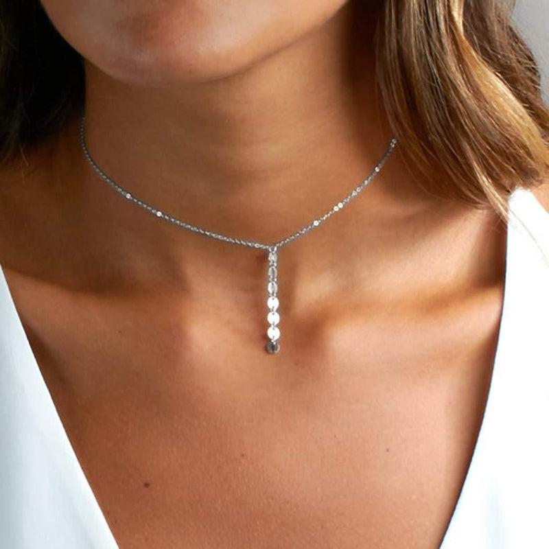 [Australia] - Yienate Boho Necklace Trendy Sequin Pendant Tassel Necklace Choker Fashion Jewelry for Women and Girls (Silver) Silver 