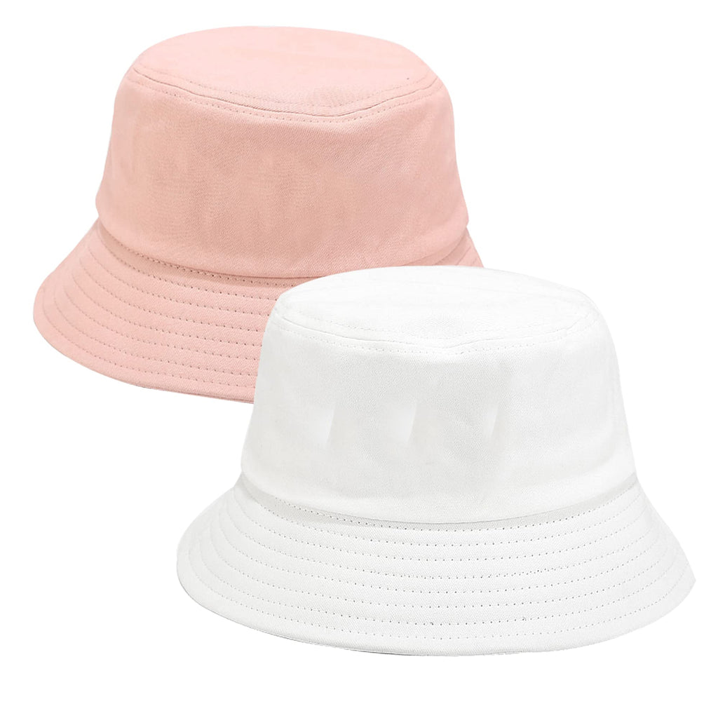 [Australia] - Umeepar 100% Cotton Bucket Hat, 1 Pack or 2 Pack Packable Beach Sun Hat for Women Men White+Pink 