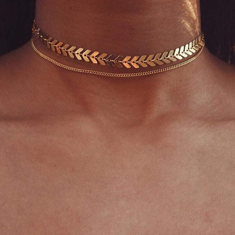 [Australia] - Yienate Fashion Necklace Fishbone Chain Choker Layered Necklace Jewelry for Women and Girls (Gold) Gold 