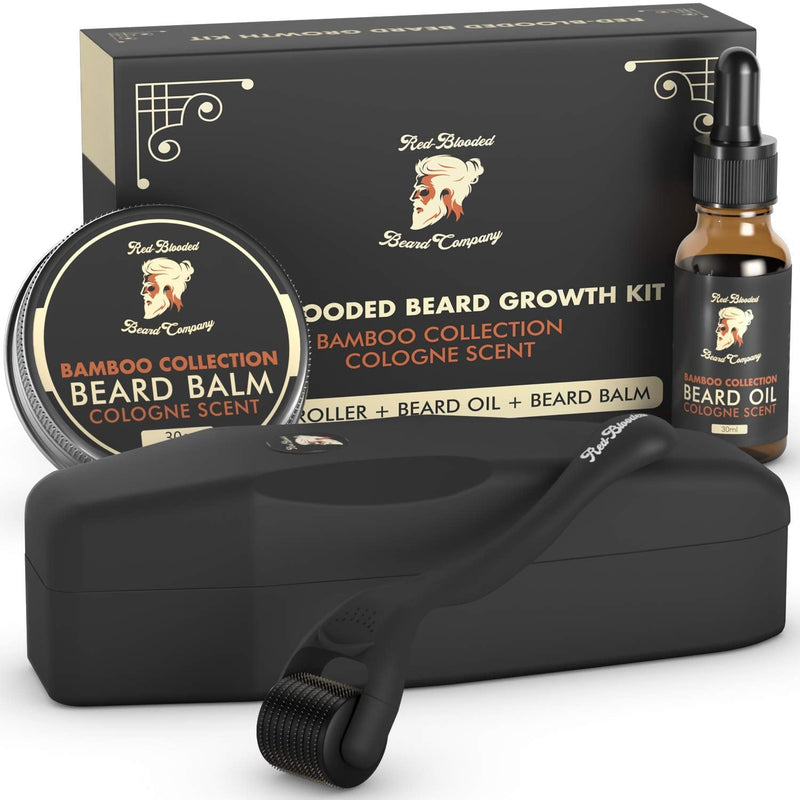 [Australia] - Red-Blooded Beard Growth Kit - Beard Roller + Beard Oil + Beard Balm - Stimulate Beard and Hair Growth with this Cologne Scented Beard Care Gift for Men - 0.5mm Derma Roller for hair Beard Regrowth 