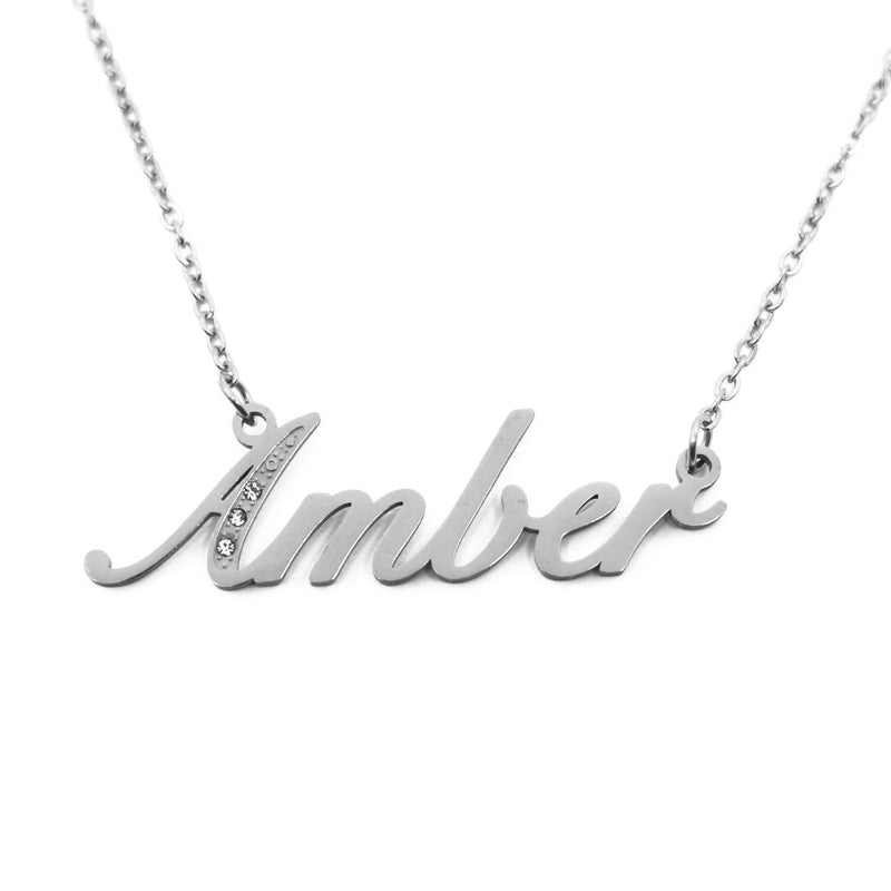 [Australia] - Amber Italic Personalised Name Necklace With Cubic Zirconia Silver Tone , Custom Dainty Name Pendants, Jewellery for Ladies, Girlfriend, Mother, Sister, Friends 
