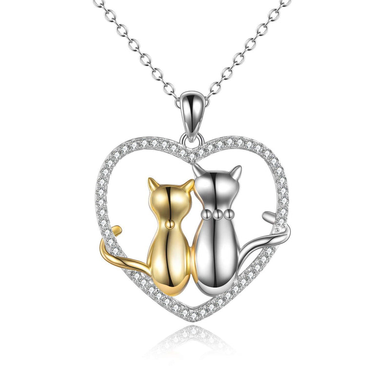 [Australia] - VENACOLY Cat Necklace Sterling Silver Cat Lover Gifts for Women Cute Paw Print/Cat with Stars/Double Cat Heart Pendant Necklace for Cat Lovers 2 Cat Heart Necklace 