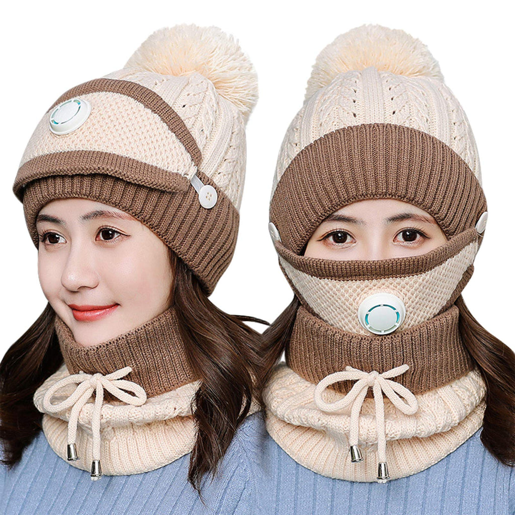 [Australia] - Women's Thermal Fleece Lined Cable Knit Hat with Neckchief 2 in 1 Hoodie Hat with Scarf Winter Warm Earflap Knitted Wool Cap Outdoor Cycling Camping Skiing Sknowboarding Xmas Birthday Gifts Beige-a 