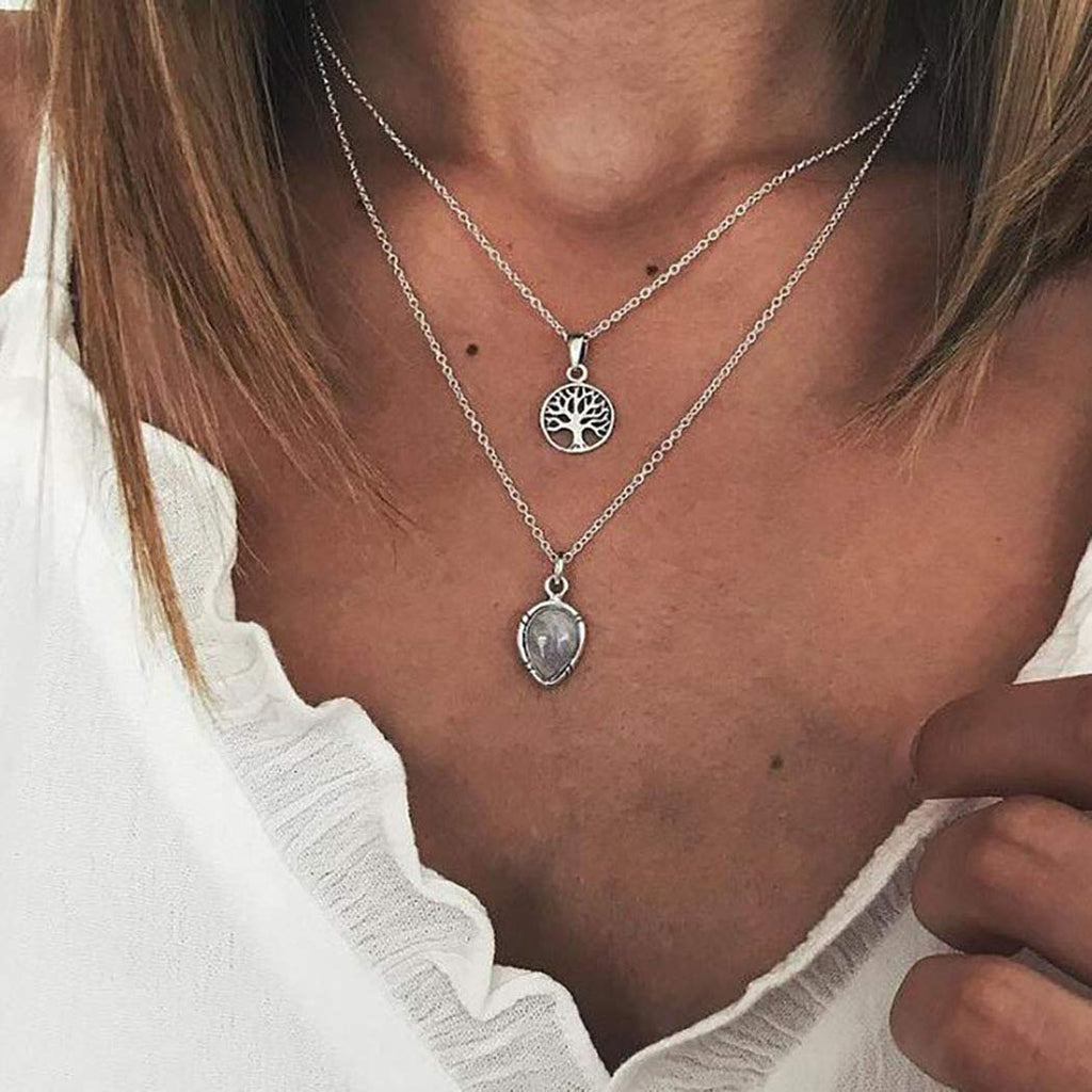[Australia] - Zoestar Boho Layered Necklace Silver Water Drop Pendant Necklaces Tree Choker Jewelry for Women and Girls 