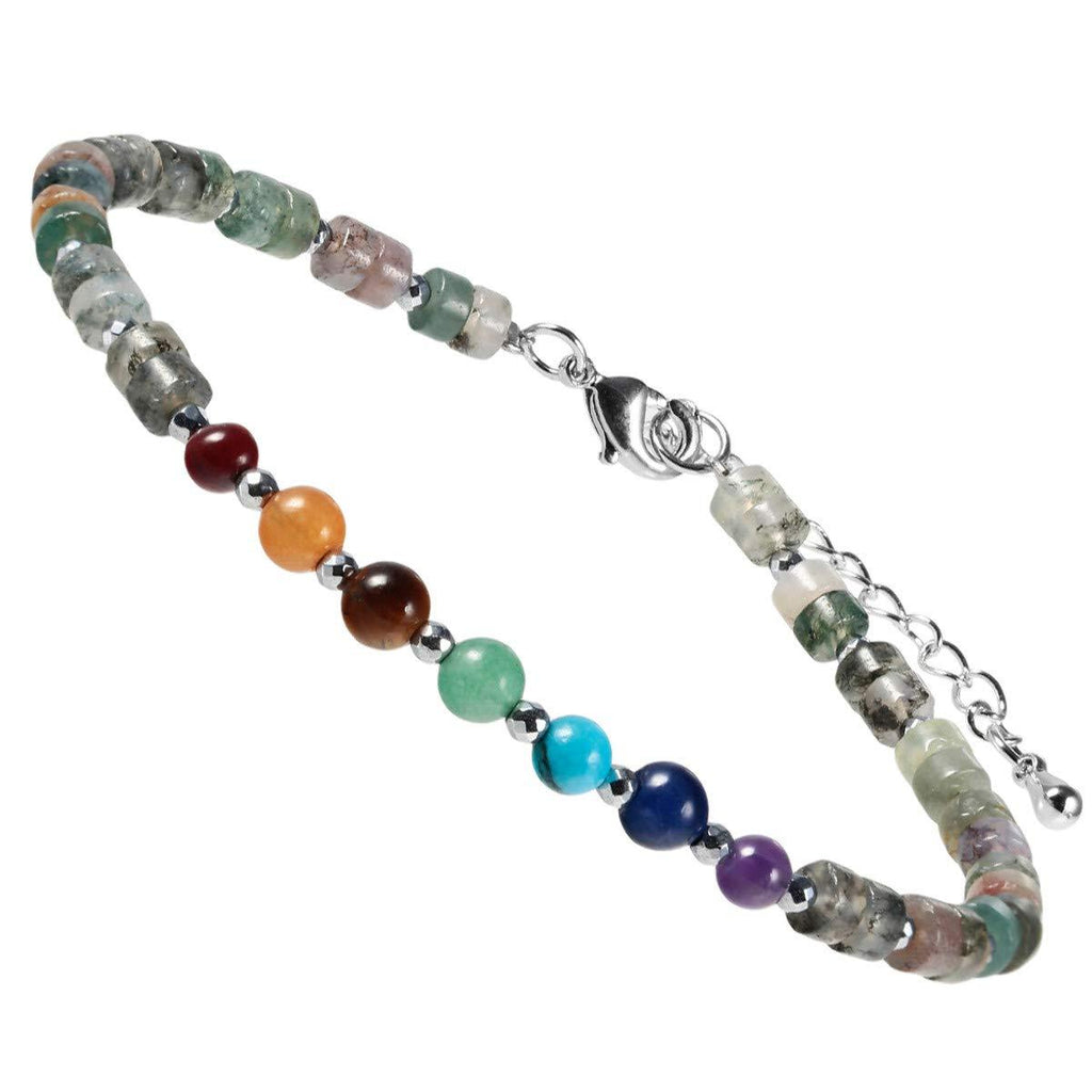 [Australia] - mookaitedecor 7 Chakra Healing Crystal Stone Bracelet for Women, Flat Beads Bracelet Jewelry Adjustable Link Bangle for Energy Healing Yoga Reiki Indian Agate stone 