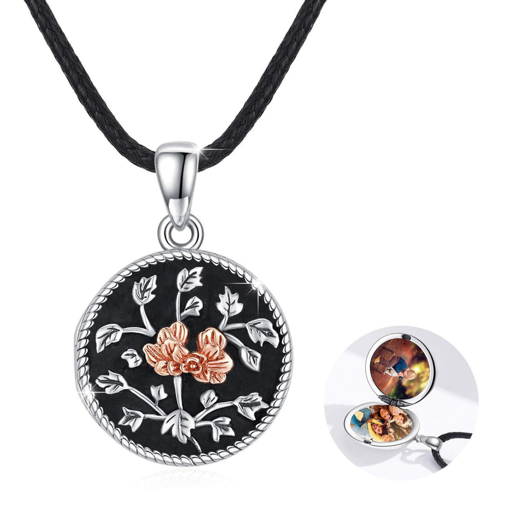 [Australia] - Rose Flower Locket Necklace for Women 925 Sterling Silver Openable Round Shape Photo Locket Two Picture Lockets Photo Pendant Necklace Birthday Anniversary Mother's Day Gifts for Women Girls 