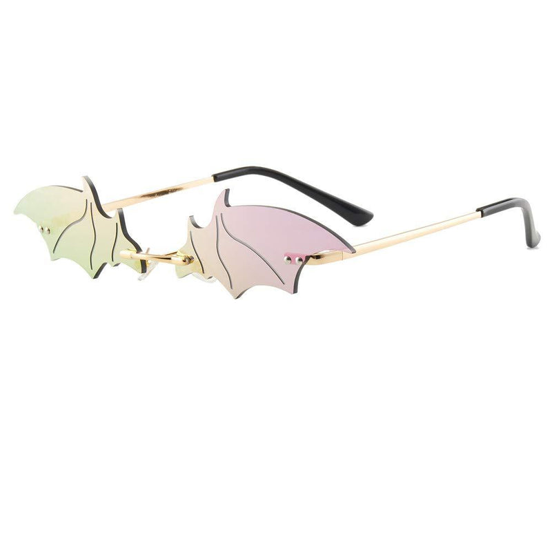 [Australia] - Grainas Retro Bat Rimless Sunglasses for Women Men Small Vintage Batwing Eyewear Novelty Metal Frameless Glasses UV400 Protection Mirrored Purple/Gold 