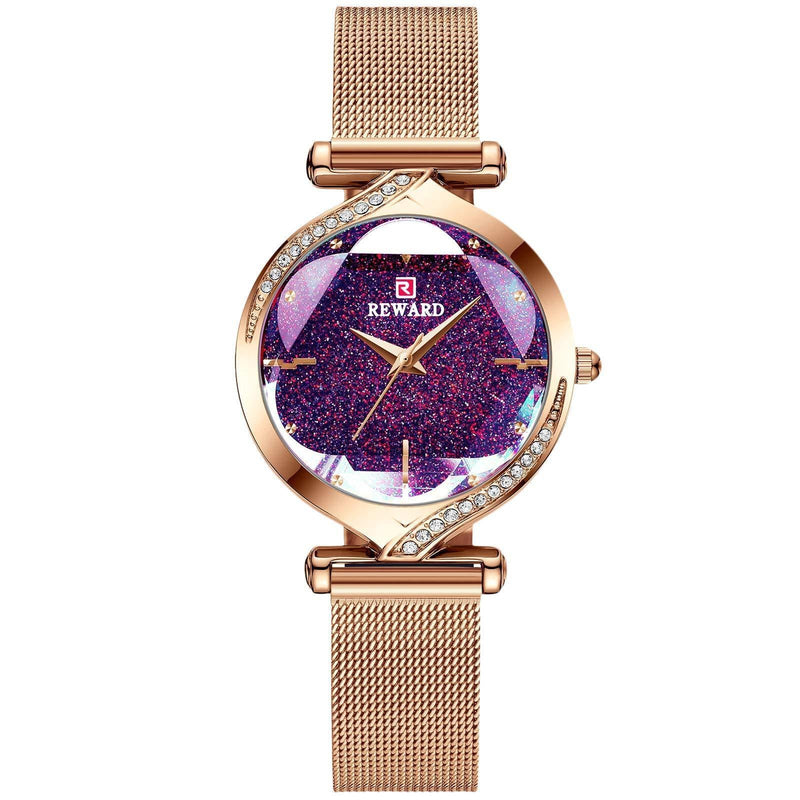 [Australia] - RORIOS Fashion Women Watches Analogue Quartz Watch Ladies Rhinestone Wristwatch with Stainless Steel Mesh Strap Shining Dress Watch for Womens Ladies Purple 