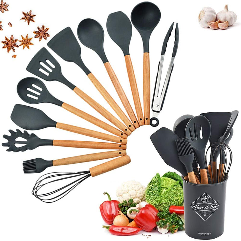 [Australia] - Cozywind Cooking Utensils Set with Holder Silicone Kitchen Utensils Set,12 pcs Wooden Handles, Kitchen Spatula Set Non-Stick 