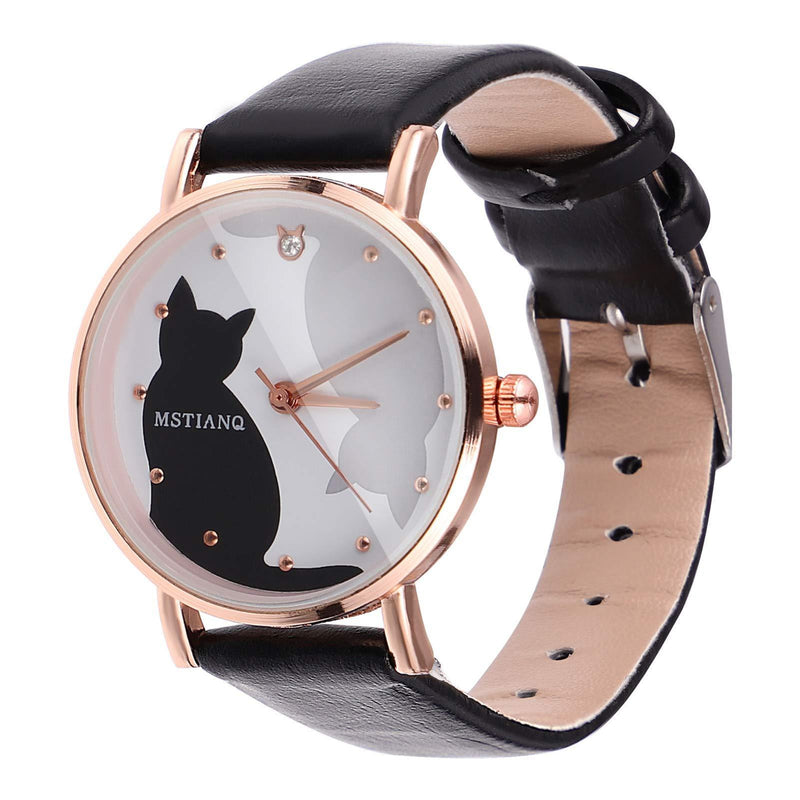 [Australia] - UKCOCO Women Watches Cartoon Lovely Cat Pattern Wrist Watch Leather Quartz Watch for Women Ladies Girls Black 