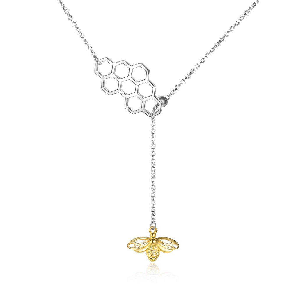 [Australia] - Bee Necklace Sterling Silver Gold Plated Geometric Honeycomb Bumble Bee Y-Necklace Beehive and Bee Pendant Necklace 