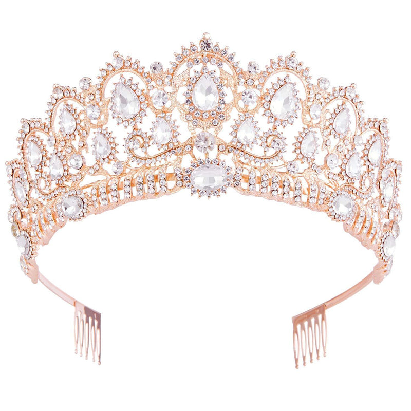 [Australia] - Crowns for Women, Vofler Rose Gold Tiara Baroque Vintage Headband Crystal Rhinestone Hair Jewelry for Women Queen Girl Bride Princess Birthday Wedding Pageant Prom Halloween Costume Party with Combs Rose Gold+Clear 