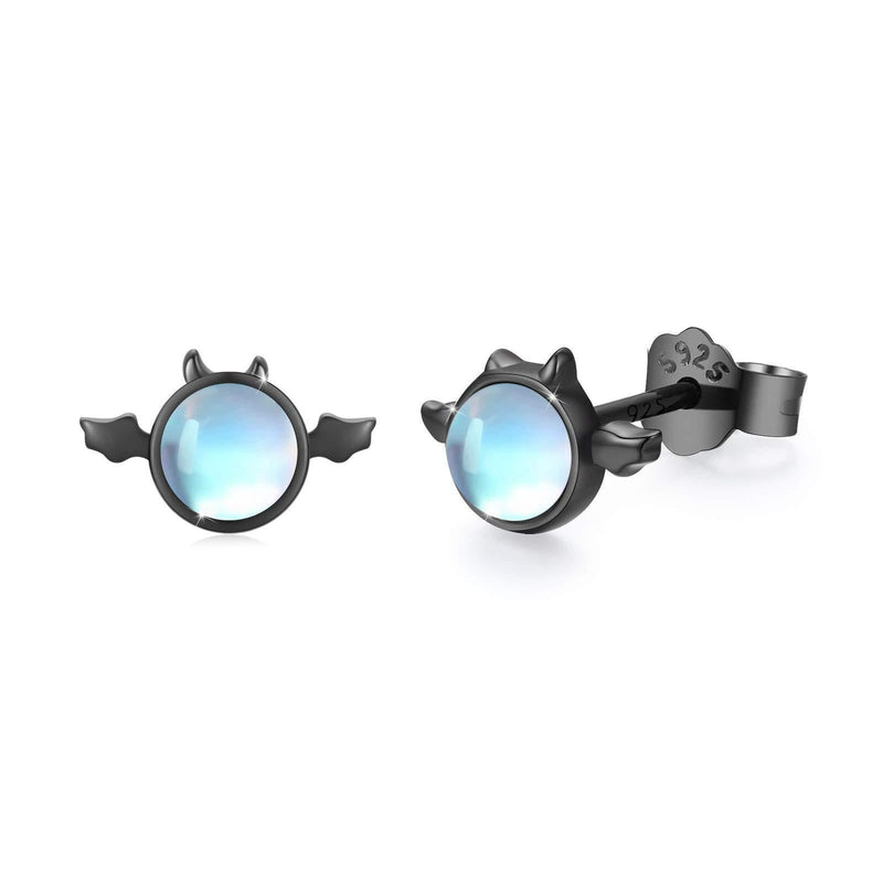 [Australia] - Devil Earrings Unisex 925 Sterling Silver Rainbow Moonstone Stud Earrings for Women/Girls Halloween Devil Black Earrings for Men/Boys 