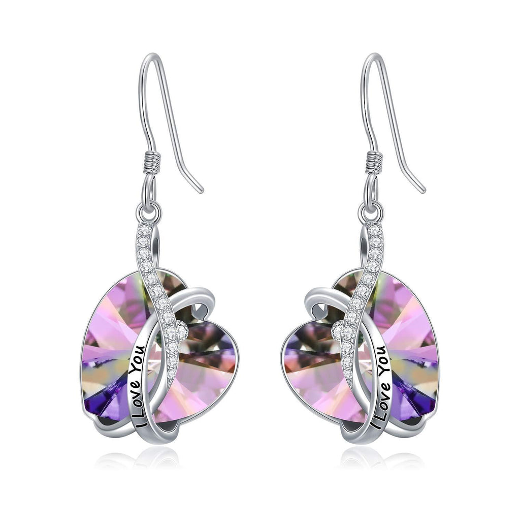 [Australia] - Heart Earrings Sterling Silver ''I Love You" Dangle Drop Earrings with Birthstone Crystals, Anniversary Birthday Valentine Gifts for Her Wife Mum Women Purple 