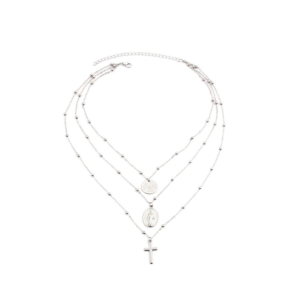 [Australia] - QEPOL Multilayer Necklace, Silver Multilayer Cross Girls Tag Coin Crucifix Virgin Mary Pendant Beads Christian Jesus Necklace St. Mary Catholic Choker Necklace Layer Cross for Women Jewelry 