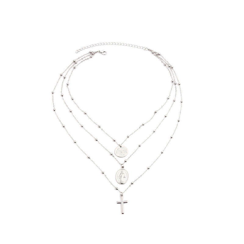 [Australia] - QEPOL Multilayer Necklace, Silver Multilayer Cross Girls Tag Coin Crucifix Virgin Mary Pendant Beads Christian Jesus Necklace St. Mary Catholic Choker Necklace Layer Cross for Women Jewelry 