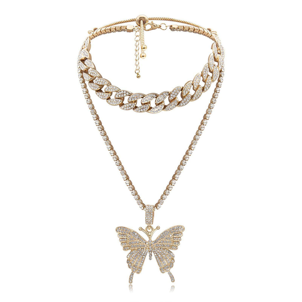 [Australia] - ZBOMR Large Butterfly Cuban Link Necklace Bling Bling Rhinestone Butterfly Pendant Hip Hop Crystal Choker Necklace for Womens Girls Fashion Jewelry Gold 