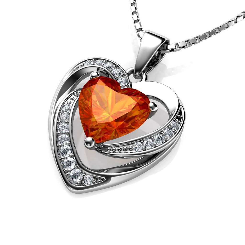 [Australia] - DEPHINI Orange Heart Necklace 925 Silver Pendant Embellished with Crystal 18 inch Sterling Silver Chain Jewelry Box Gifts for women 