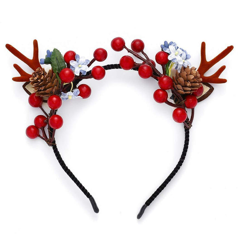 [Australia] - Unicra Christmas Headband Flower Antlers Headband Elk Deer Animal Horns Headwear Hair Piece Halloween Hair Accessories for Women and Girls 