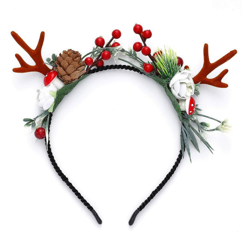 [Australia] - Unicra Christmas Headband Flower Antlers Headband Elk Deer Animal Horns Headwear Hair Piece Halloween Hair Accessories for Women and Girls 