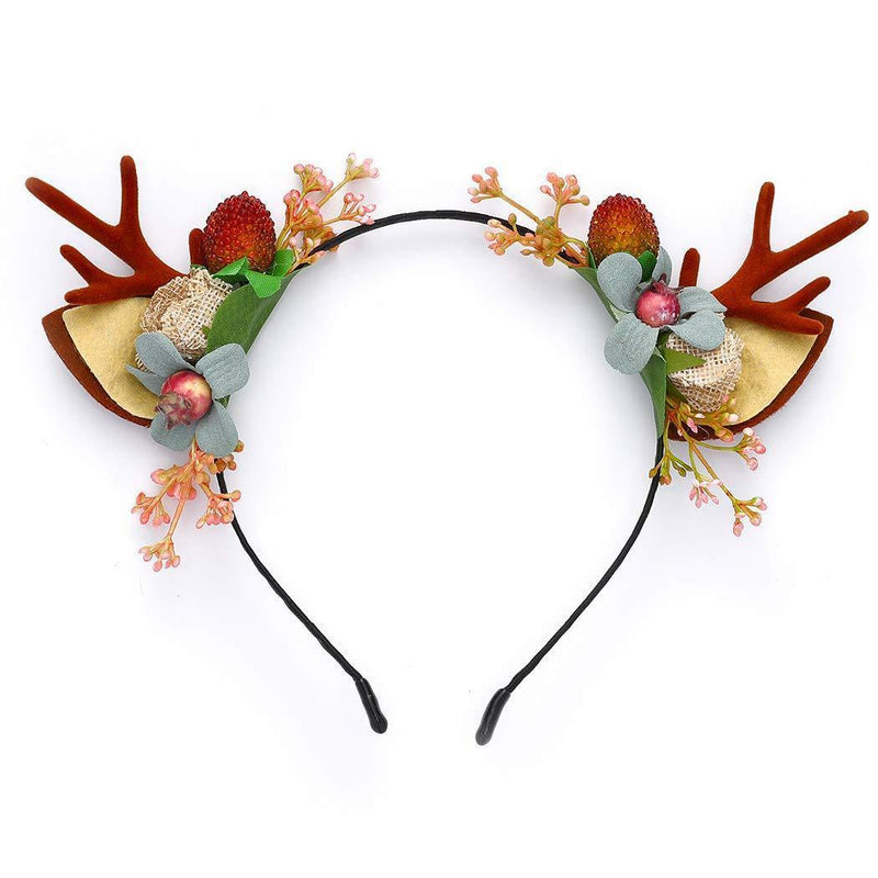 [Australia] - Unicra Christmas Headband Flower Antlers Headband Elk Deer Animal Horns Headwear Hair Piece Halloween Hair Accessories for Women and Girls 