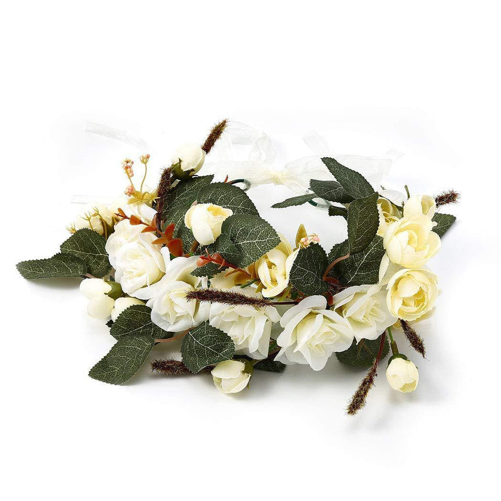 [Australia] - Unicra Crown Headband Flower Garland Headband Hair Wreath Garland Flower Boho Hair Accessories with Ribbon Wedding Party Festival Gift for Women and Girls (White) White 