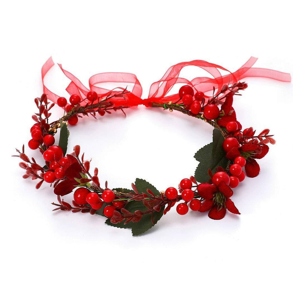 [Australia] - Unicra Christmas Crown Headband Flower Garland Headband Red Hair Wreath Garland Christmas Hair Accessories with Ribbon Party Festival Gift for Women and Girls 