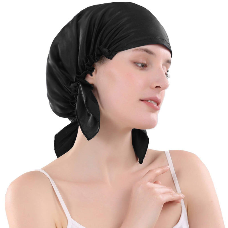 [Australia] - Everkeen 100% Mulberry Silk Night Sleep Cap for Women Hair Beauty Bonnet Sleeping Hat with Adjustable Elastic Ribbon Black 