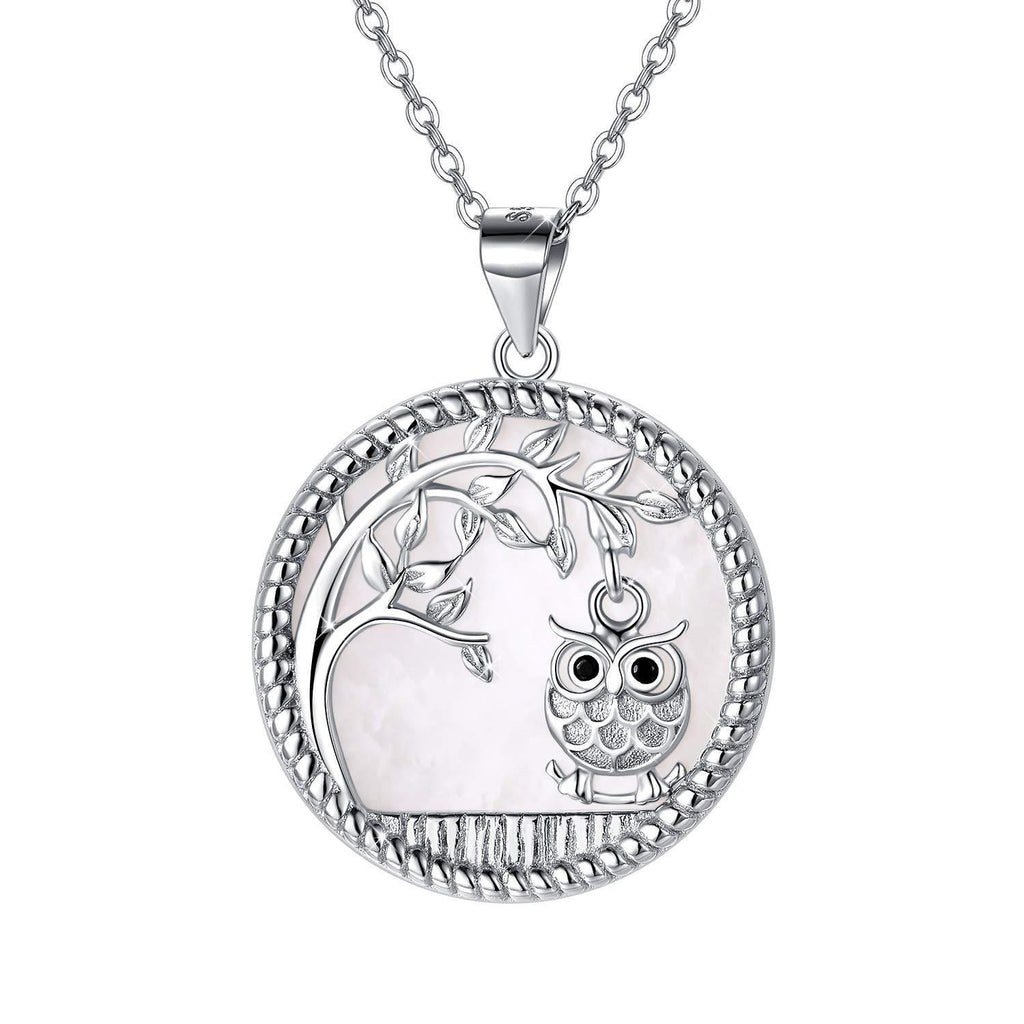 [Australia] - Tree of Life Owl Necklace 925 Sterling Silver Cut Owl White Fritillary Necklace Pendants Gifts Jewellery for Women Mum Girls Kid Chain 18" with Gift Box 