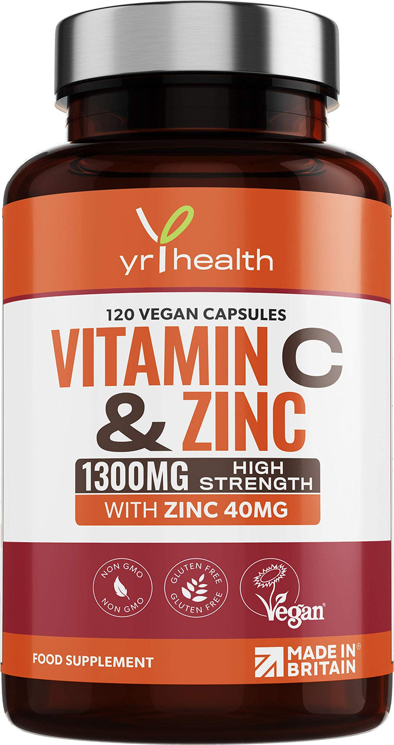 [Australia] - Vitamin C 1300mg and Zinc 40mg High Strength - VIT C and Zinc for Maintenance of Normal Immune System - 120 Vegan Capsules not Tablets - 2 per Daily Serving - Made in The UK by YrHealth 