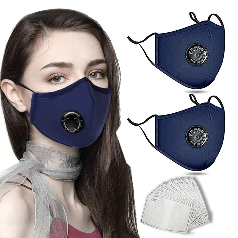 [Australia] - HIVEHYPE 2PCS Cotton Face Masks Washable and Reusable, Protect Cover Bandana Balaclavas with Breathing valve With Activated 10 PCS Carbon Filter Replaceable Filters Adult-(UK SELLER) BLUE 