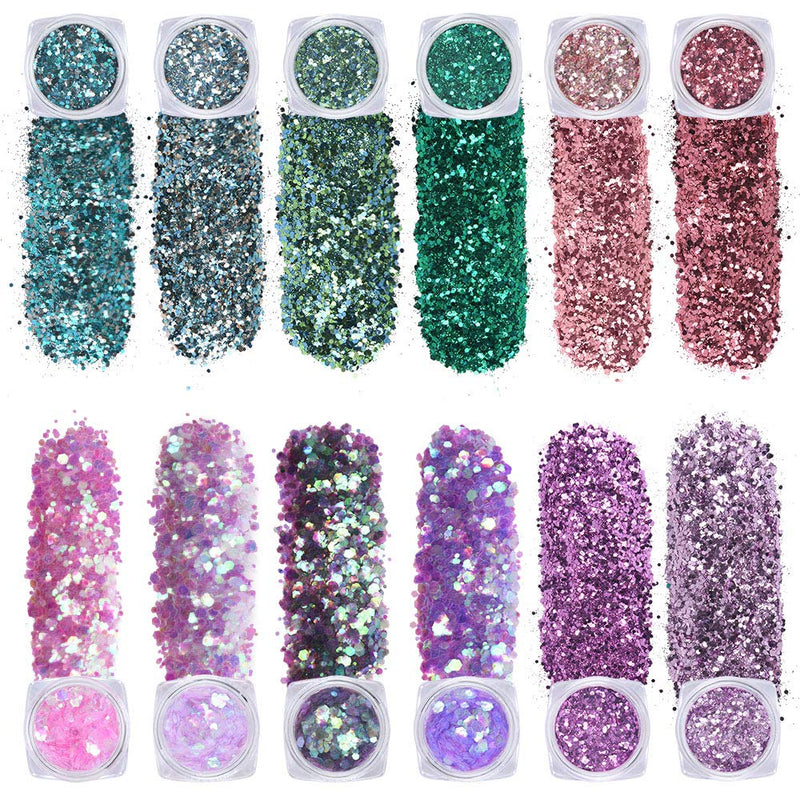 [Australia] - URAQT Chunky Glitter, 12 Colors Festival Glitter, Nail Glitter Powder, Holographic Cosmetic Glitter for Face Body Eye Hair Nail and DIY Art 12Color#A 