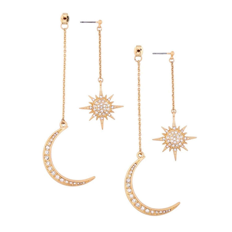 [Australia] - HMOOY Bohemian Moon Star Asymmetrical Dangle Hoop Earrings Crystal Moon and Sun Drop Stud Long Earrings Retro Exquisite Punk Style Accessories Jewelry for Women Girls Gold 