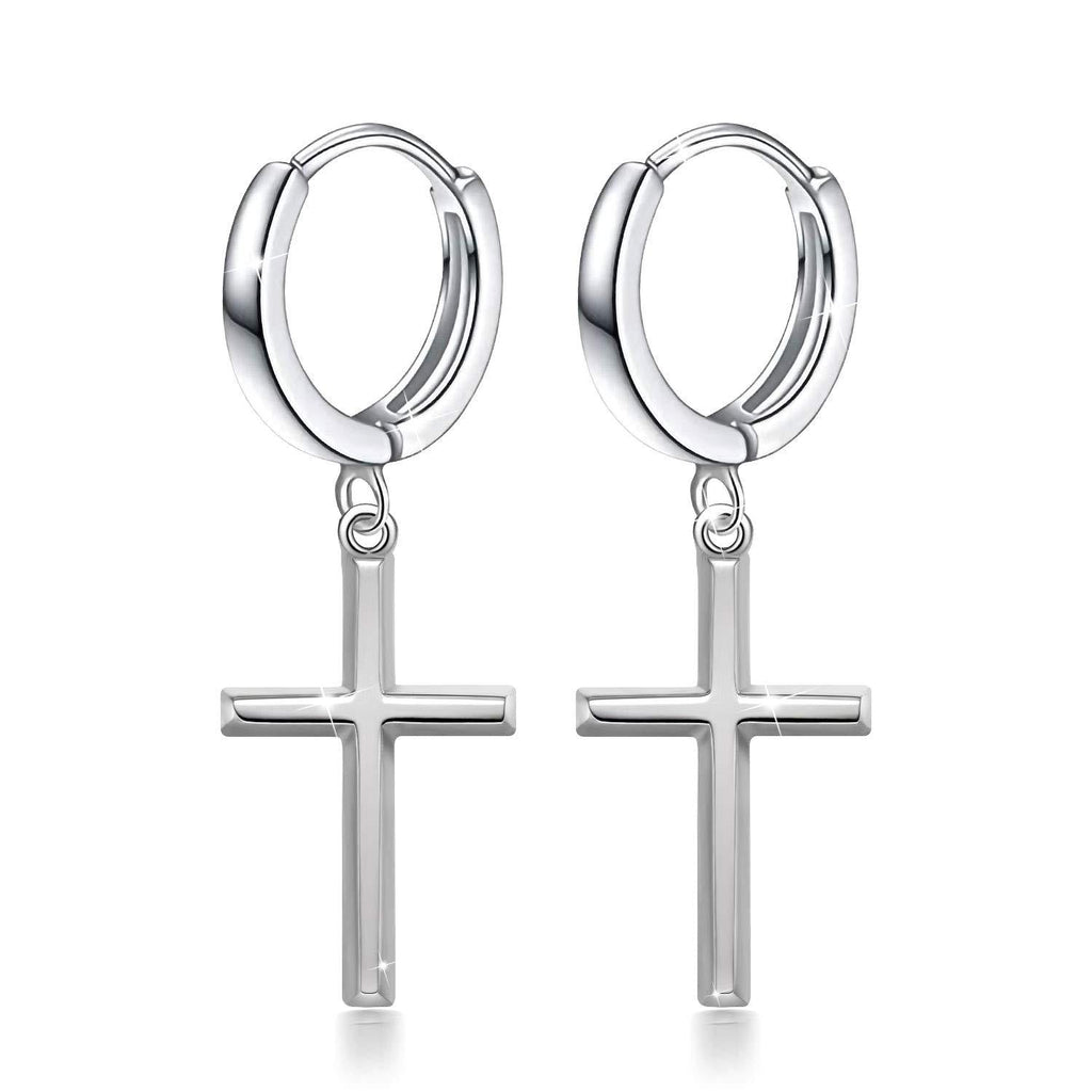 [Australia] - GDDX Cross Hoop Drop Dangle Earrings Sterling Silver Huggie Hinged Earrings For Men White 