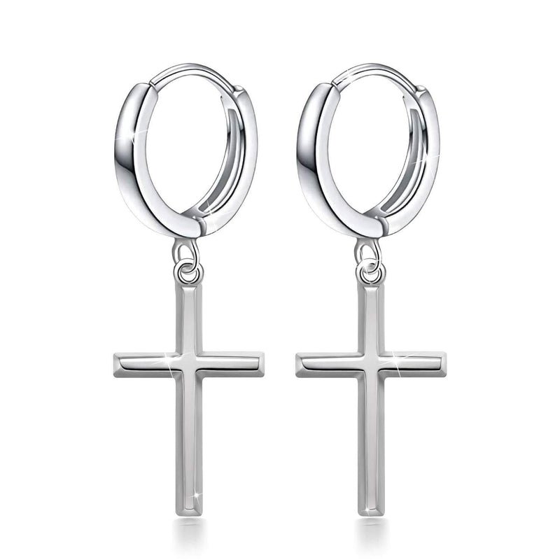 [Australia] - GDDX Cross Hoop Drop Dangle Earrings Sterling Silver Huggie Hinged Earrings For Men White 