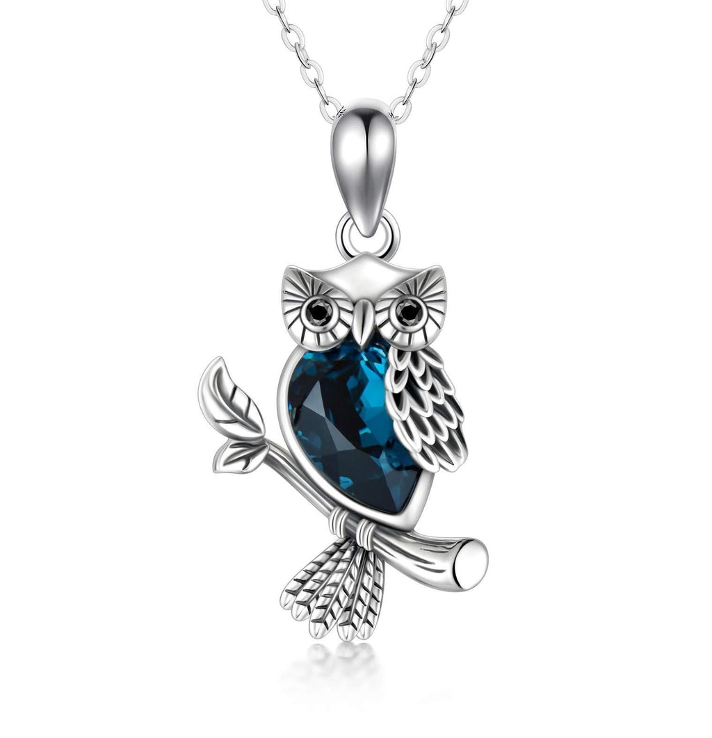 [Australia] - Owl Necklace with Crystal 925 Sterling Silver Animal Bird Pendant Silver Jewellery Gift for Women, 45.7+5.1 CM Necklace Extender Blue 