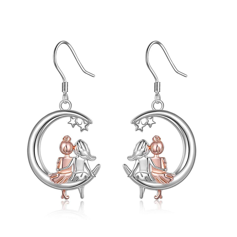 [Australia] - Moon Dangle Earrings for Women, 925 Sterling Silver Drop Dangly Earrings Sisters Design Hypoallergenic Jewellery Birthday Gifts for Girls Sister 01 