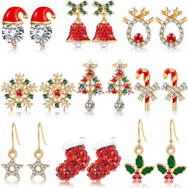 [Australia] - 9 Pairs Christmas Crystal Earrings Set Xmas Style Stud Earring Snowflake Christmas Tree Elk Bell Star Drop Dangle Earrings for Girls Women 