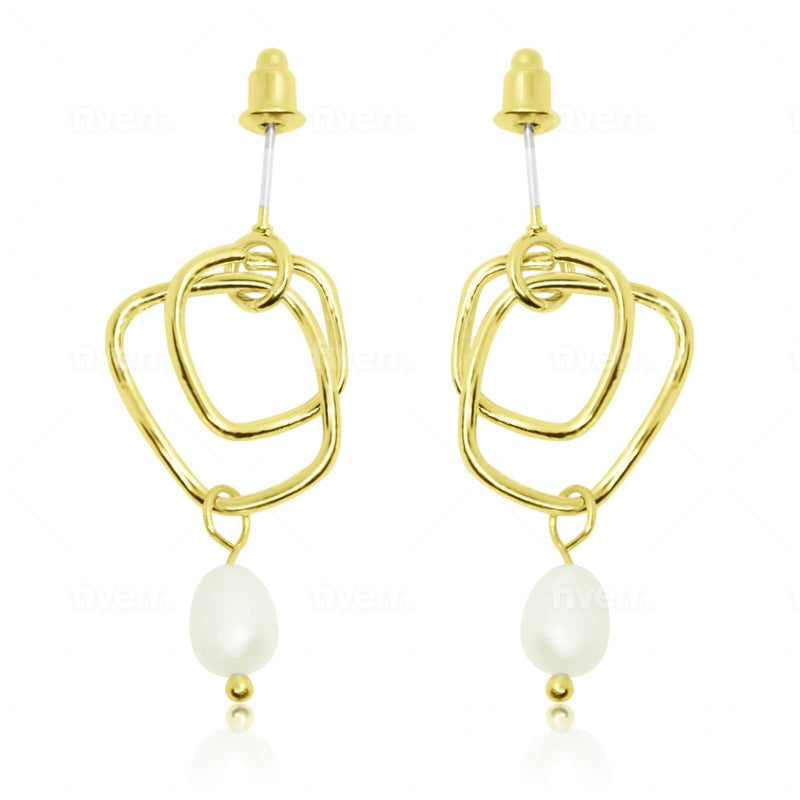[Australia] - Pearls of Eden - Womans White Pearl and Brass Earrings - Real Freshwater Pearls Round - Modern Design - Elegant Jewelry Box Included 