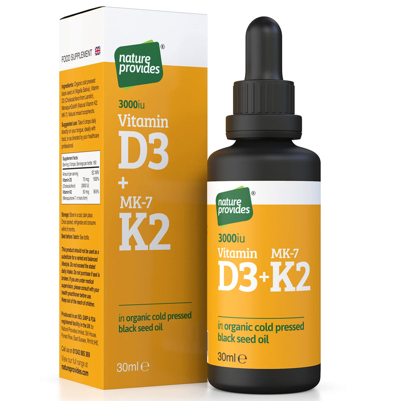 [Australia] - Vitamin D3 & K2 (MK-7) in Organic Black Seed Oil (30ml) High Strength Liquid (3,000IU). MK-7 is 100% Trans. Immune Support Sublingual Drops (Made in The UK) 