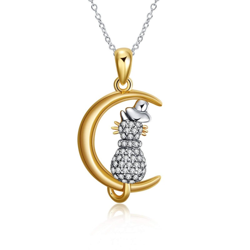 [Australia] - Cat Necklace Sterling Silver Cubic Zirconia Cat Moon Pendant Cat Gifts For Cat Lovers Women 