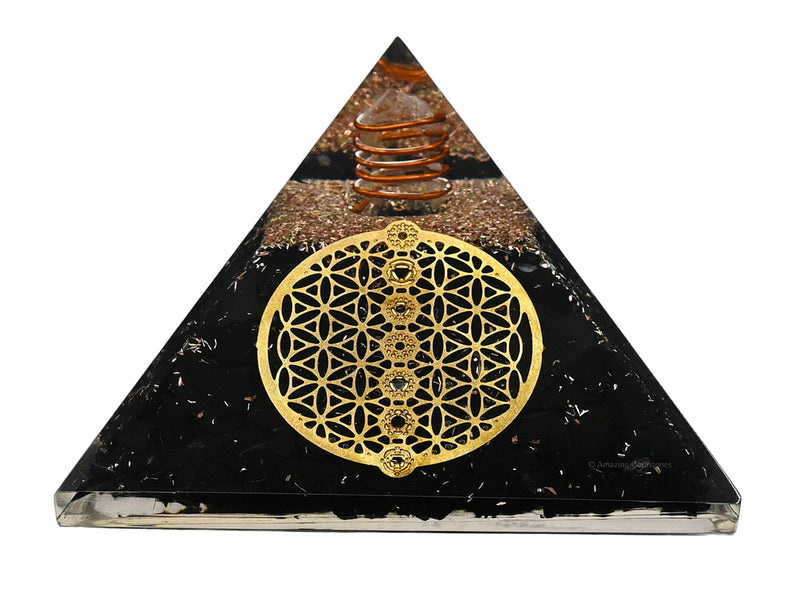 [Australia] - Large Orgone Pyramid | Black Tourmaline Pyramid Crystal | Chakra Flower of Life Orgonite Pyramid | Organ Pyramids Positive Energy Healing Flower of Life - 7 Chakra 
