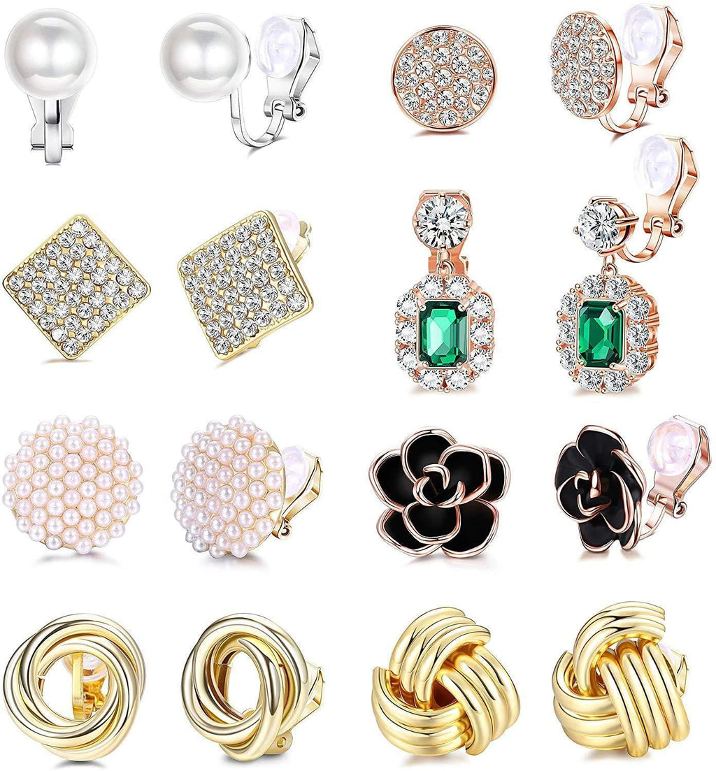 [Australia] - Milacolato 8 Pairs Clip Earrings Sets for Women Rose Flower CZ Simulated Pearl Twist Gold Knot Clip Earrings with Rubber Pads Non Pierced Clip On Earrings Jewelry 