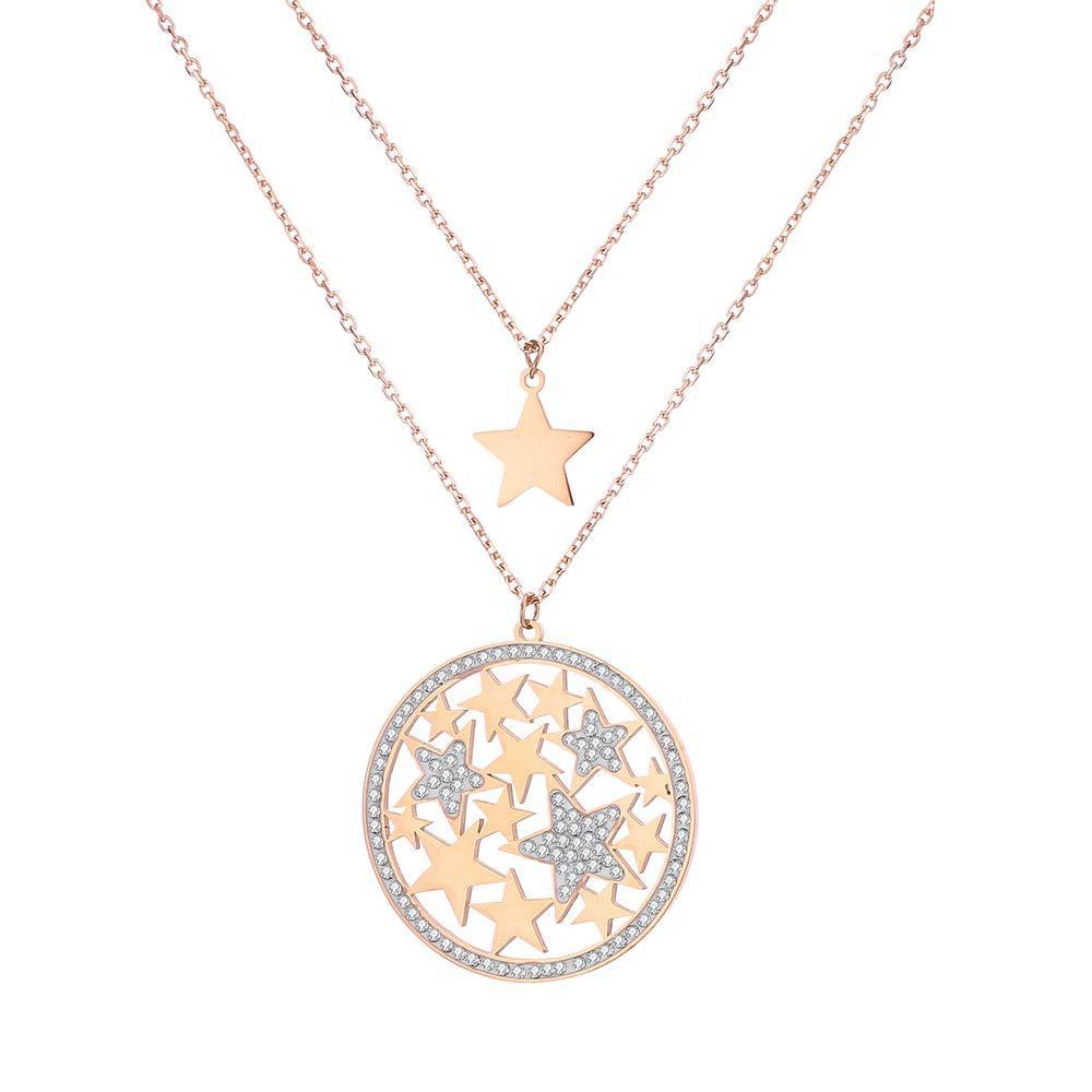 [Australia] - Ouran Star Pendant Necklace for Women, Double Layers Rose and Gold Silver Plated Stainless Steel Chain Necklace with Crystal Rose Gold 