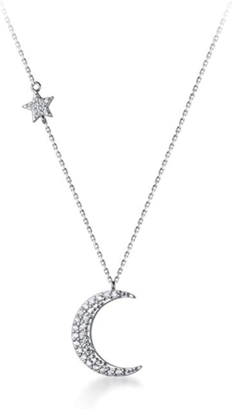 [Australia] - Crystal Crescent Moon Pendant Necklace Sterling Silver S925 Dainty Cubic Zirconia Diamond Star Charm Adjustable Chain Necklaces Chokers Delicate Jewelry Gifts for Women Girls BFF 