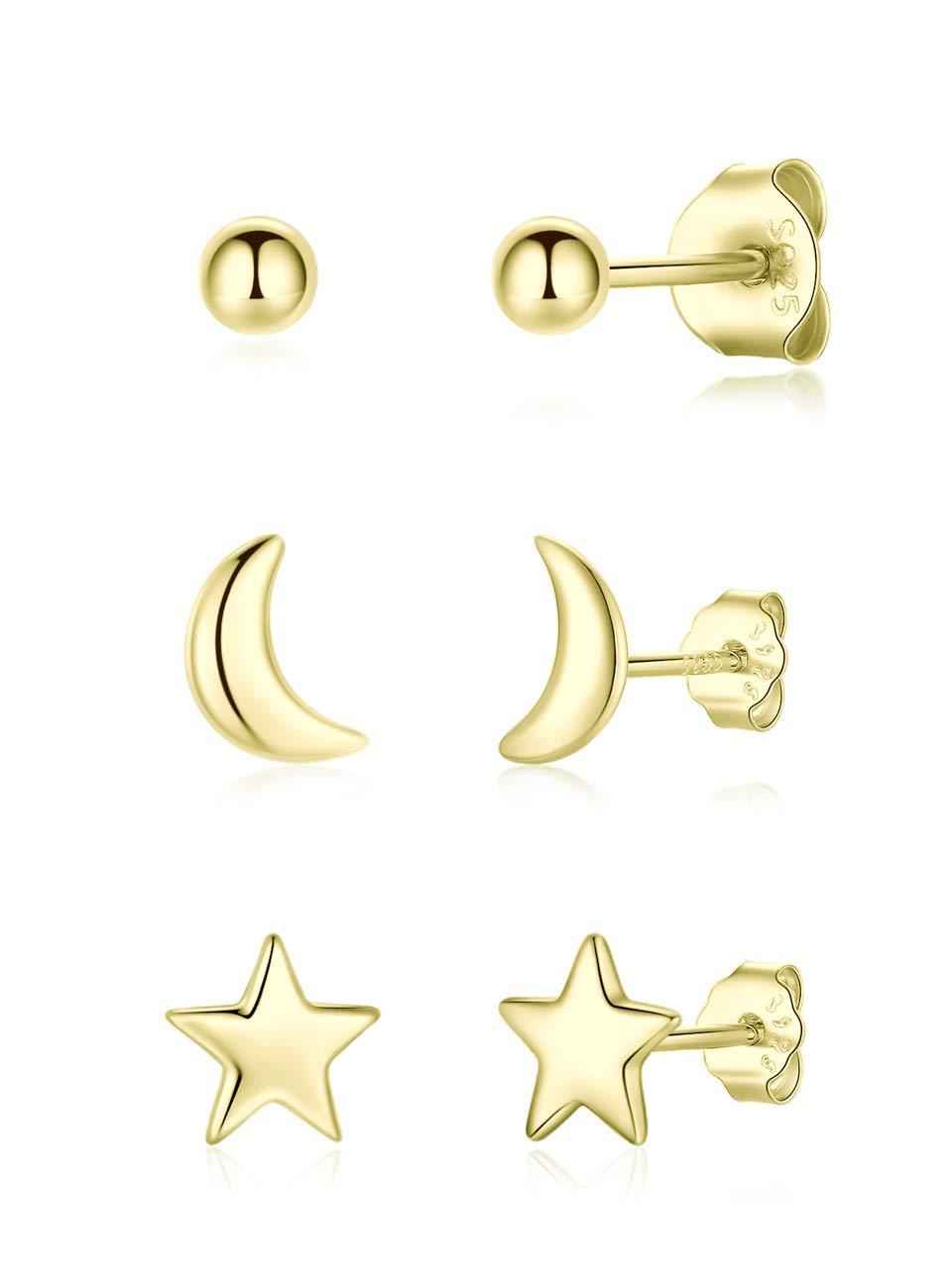 [Australia] - Gulicx 3 Pairs Silver Stud Earrings Set for Women Girls, Hypoallergenic 925 Stering Silver Tiny Round Ball Star Moon Stud Earring,Small Sleeper Cartilage Helix Studs Earring (Silver, Gold，Rose Gold) Gold Earrings Set 