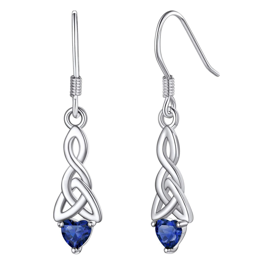 [Australia] - Silvora Sterling Silver Celtic Knot Drop Earrings with Heart Birthstone Charms for Women Non-Sensitive Ears Vintage Birthstone Jewelry 09. September Birthstone-Sapphire 