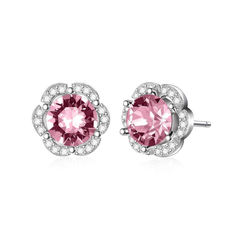 [Australia] - Sterling Silver Rose Flower Stud Earrings for Women with Birthstone Crystals Pink 